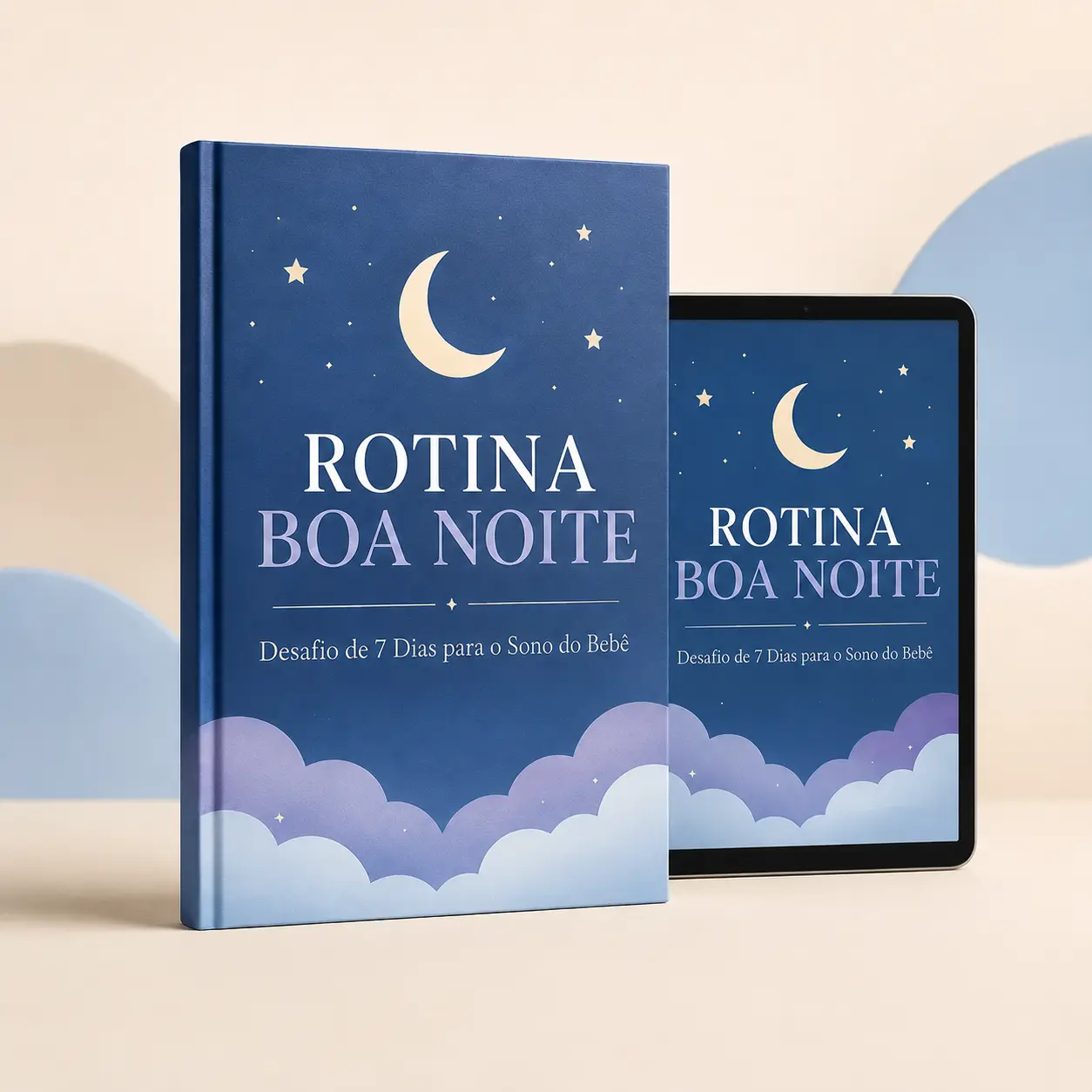 Mockup do eBook Rotina Boa Noite em um livro e tablet